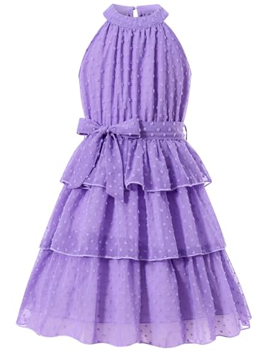 Move Dance Girls Summer Dress Tween Halter Neck Purple Violet Flared Midi A-Line Sundress Swiss Dot Sleeveless Casual Layered Chiffon Dresses with Belt 12-13 Years Old - image 1