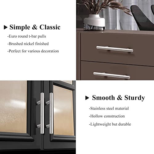 Image of Probrico 20 Pack| 5 Inch Hole Centers Kitchen Cabinet Pulls Brushed Nickel Euro Style T Bar Handles Cupboard Stainless Steel Modern Cabinet Hardware