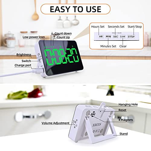 Kitchen Timer, XREXS Rechargeable Timers for Cooking Adjustable Brightness & Volume, Large LED Display - Image 4