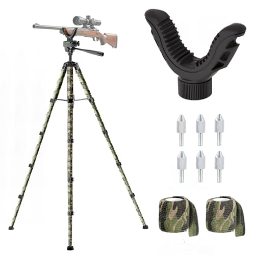 74” Rifle Shooting Tripod, Hunting Rest V Yoke Rifle Rest with 6 Ground Spikes, 2 Camo Strap, Aluminum Crossbow Shooting Stand with Durable Frame for Hunting, Shooting, and Outdoors