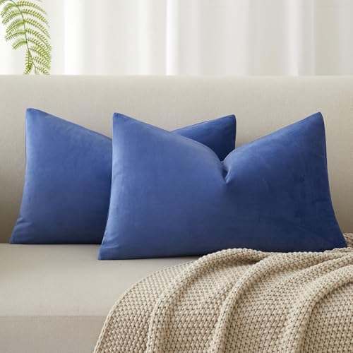 Image of Blue 12x20 Throw Lumbar Pillow Covers Decorative Cushion Covers Set of 2 | Soft Velvet Pillow Cases with Invisible Zipper for Modern Couch Sofa Bed Living Room Bedroom Home Decor