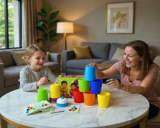Image of Awestuffs Stacking Cups Game for Kids - 12 Stacking Cups + 50 Pattern Cards + Bell | Fun Family Party Game | Montessori Brain Boosting Puzzle STEM Toy (Stacking Cups Game)