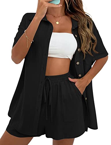 Image of APAFES Women Summer Cotton Linen Short Sets 2 Piece Shorts Top Lounge Beach Vacation Two Piece Outfits Tracksuits
