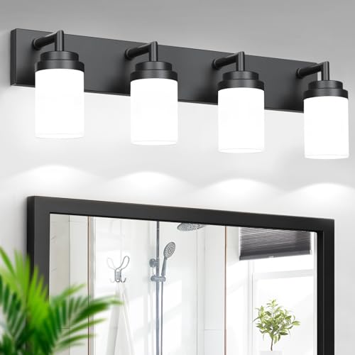 Image of Bathroom Light Fixtures, Matte Black Bathroom Lighting Fixtures Over Mirror, Modern Vanity Light with White Glass Shade, Restroom Lighting Fixtures, 4-Light 30-inch