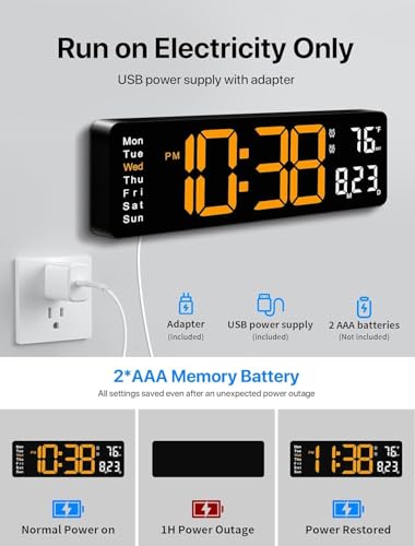 Image of 15-Inch Digital Wall Clock with Large LED Display - Remote Control, Auto-Dimming, Night Light, Date, Day, Temperature, DST Function - Ideal for Living Room, Bedroom (16 Inch Orange)