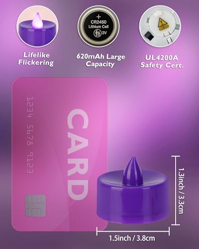 Image of Homemory 12-Pack Purple Remote Flameless Battery Tea Light Candles 400+ Hrs | 2 /4 /6 /8H Timer LED Flickering Tealight Votives for Party Ambience, Halloween Decor, Memorials and Lavender Weddings