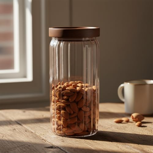 Deconox Akasya Kapaklı Çizgili Cam Kavanoz (1000ml /1 Litre) | Hava Geçirmez, Modern Fitilli Tasarım Gıda Saklama Kabı | Kahve, Çay, Kuruyemiş ve Bakliyat Kavanozu (9x20cm)
