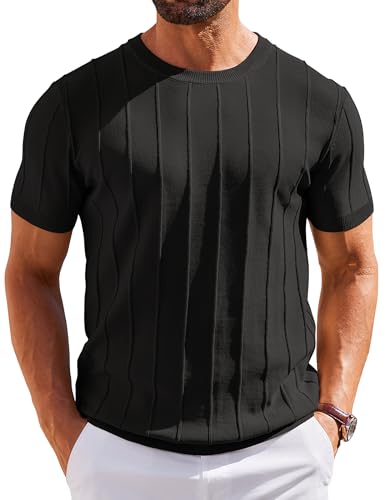 COOFANDY Maglietta Uomo Manica Corta T-Shirt Estive Leggero Magliette Lavorata a Maglia a Righe Magliette da Lavoro T Shirt Casual a Tinta Unita Nero M