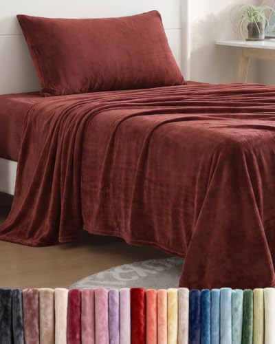 Image of Fleece Sheets Twin XL Size Set - 3-Piece Flannel Sheet Set - Burgundy