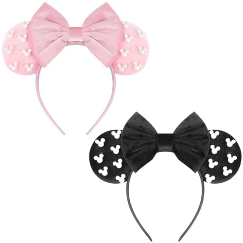 Image of DRESHOW Mouse Ears Headbands for Women Pearl Hairbands Bow Head bands Velvet Head band Christmas Cosplay Costume Princess Party Decorations Halloween & Disney Trip