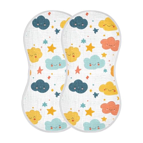 Cartoon Cute Clouds Stars White Cotton Burp Cloths Muslin Easy Care Milk Spit Up Cloth for Gender Neutral Set of 2, 22x11in