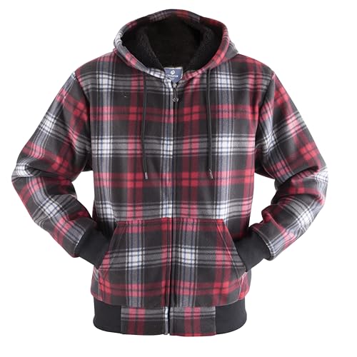 Image of TanBridge Plaid Flannel Hoodie Sherpa Fleece Lined Shirt Jacket Cotton Hoodies Zip Up Winter Warm Coat