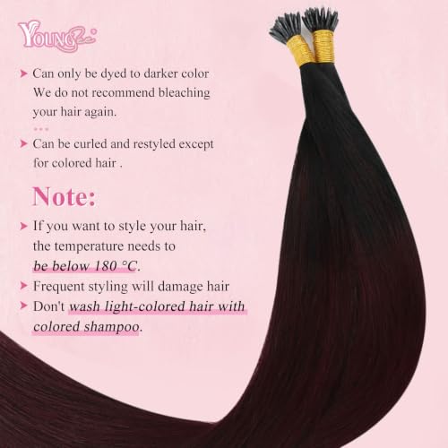 Image of YoungSee Nano Tip Hair Extensions Black Ombre Dark Red 20 Inch Nano Human Hair Extensions Black to Deep Wine Red Nanobead Hair Extension Human Hair Colorful Hair for Role Playing 25 Strands 25g
