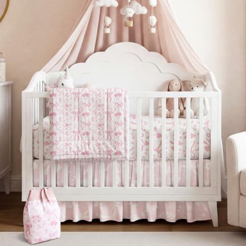 Image of Hahafelt 4 Pieces Crib Bedding Set for Girls and Boys, Soft Baby Bedding Set Including Crib Skirt, Comforter, Sheet and Diaper Stacker for Nursery(Pink Bow)