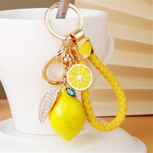 Image of Cute Lemon Keychain Rhinestone Fruit Keyring Car Key Chain Key Holder For Purse Bag Backpack Car Jewelry Gift For Women Men