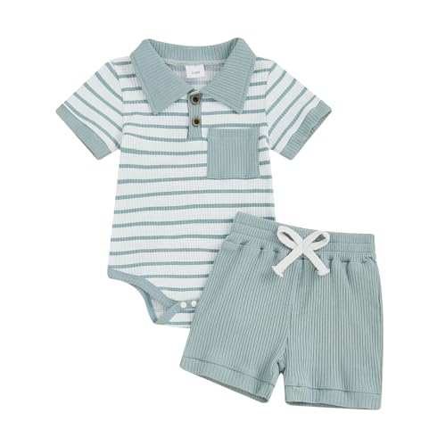 0-18M Baby Boy Summer Clothes Shorts Set Stripes Ribbed Bodysuit Polo Onesie Romper Tops Shorts Summer Outfit Set (Blue, 3-6 Months)