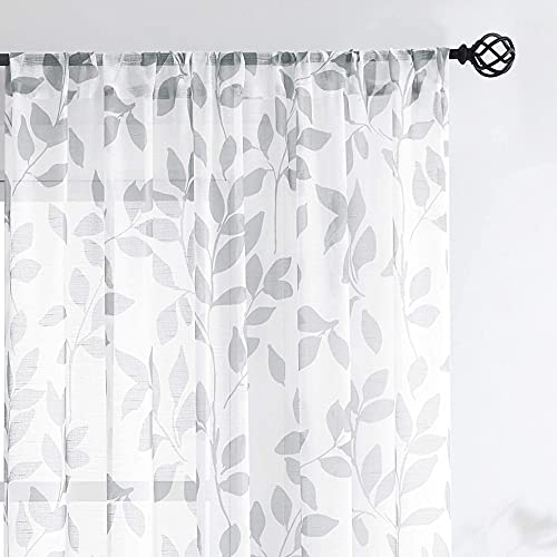 Image of White Grey Leaf Sheer Curtains for Bedroom 63 inch Semi-Sheer Print Leaves Pattern Curtains for Living Room Rustic Linen Textured Window Draperies for Parlor Apartment Dorm Rod Pocket Set of 2