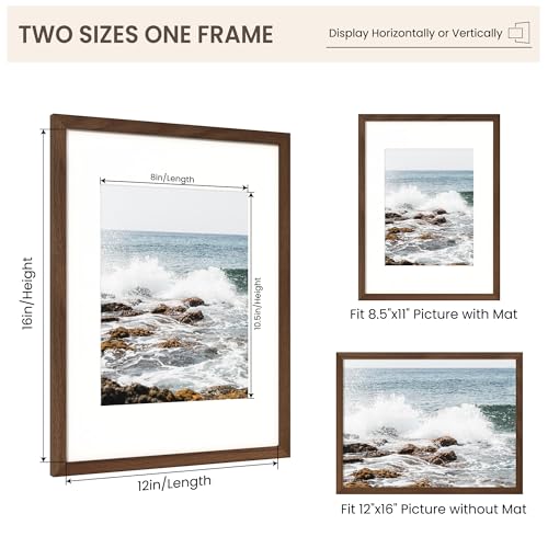 Image of FLYJOE 12x16 Oak Wood Picture Frame with Mat for 8.5x11, 12 by 16 USA-Sourced Natural Solid Wooden Photo Frame for Wall Display, Shatterproof Plexiglass, Hanging Hardware Included, 4 Pack, Walnut Color