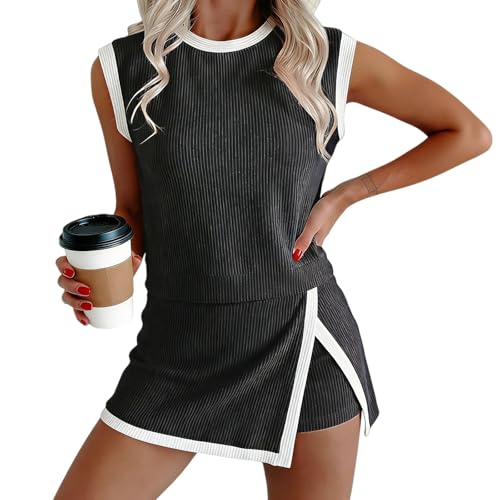 KVOTUU Short Sets Women 2 Piece Outfits Summer Ribbed Tank Top and Split Lined Skirt Two Pieces Lounge Matching Set Sweatsuit