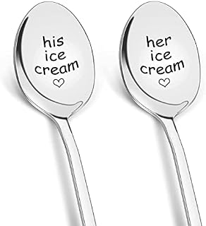XULIN Wedding Gifts for Couple,His and Hers Ice Cream Spoons Set,Pack of 2 Stainless Steel Engraved Coffee Spoon Present for Engagement Anniversary Valentines Birthday Gifts for Him Her Lovers (A-2)