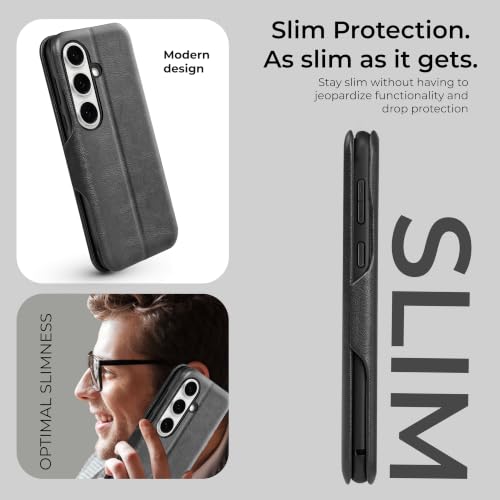 Image of PULOKA for Samsung Galaxy S24 - Sleek Flip Case - Premium Vegan Leather Phone Cover with Card Slot - Slim, Durable, Privacy Protection - Kickstand Function - Elegant Flip Wallet Cases - Black