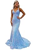YMSHA Spaghetti Strap Light Blue Prom Dresses for Women Ball Gown Sequin Mermaid Evening Party Dress V Neck Maxi Dress for Club Party 4…