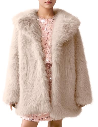 Kissonic Girls Faux Fur Coat Fluffy Kids Warm Winter Fleece Jacket Long Shaggy Outwear with Pockets(Beige-S)