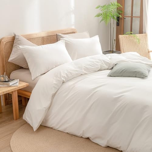 Image of BESTOUCH Cotton Solid Duvet Cover Set Linen Feel Off White Alaska King | 100% Washed Cotton, Soft Wrinkle Texture, Hidden Zipper, 8 Ties, Breathable Lightweight Durable Comfy, 3 Pcs No Insert