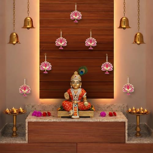 Image of Bindian Lotus Hanging Decoration Items, Diwali Toran, Lotus Decoration Items for Home Decor, Pooja, Temple, Mandir, Ganesh Festival, Ganesh Chaturthi Chauth Wedding, Festival, Wall Decor 6 Pcs