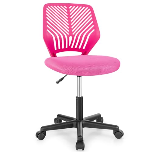 DORTALA Kids Desk Chair, Kids Armless Mesh Office Chair with Adjustable Height, Lumbar Support, Swivel Study Chair with Wheels, Ergonomic Small Office Computer Chair in Home Bedroom School (Pink)
