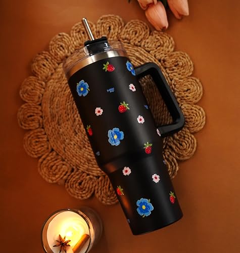 Image of 1200ML Stainless Steel Tumbler Hot and Cold with Handle and Lid and 2 Straws, Double Insulated Cup Leak Proof Mug Cupholder for Gym, Travelling (Black Floral)