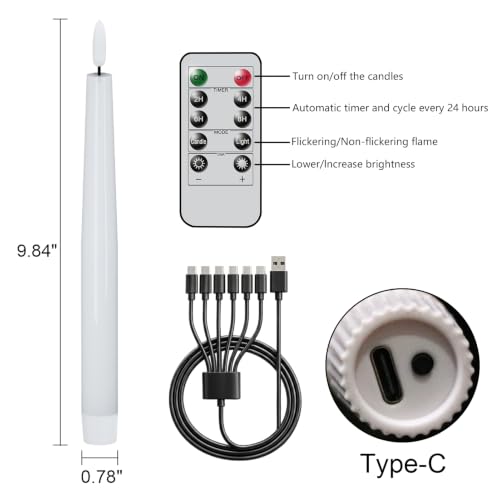 Image of GenSwin Rechargeable Flameless LED Taper Candles Battery Operated 2 Remote | White, 6 Pack, Real Wax 3D Flameless Flickering, 0.78 inch x 9.84 inch, 2 /4 /6 /8H Timer, Candlesticks for Wedding & Holiday Decor