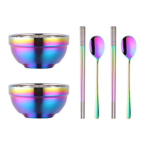 Lot de 6 bols à céréales 500 ml, en acier inoxydable, 2 bols à soupe double couche, 2 cuillères et 2 paires de baguettes, passe au lave-vaisselle – Multicolore