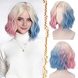 BARSDAR オンブレ ピンク ブルー ショート ウェービー ウィッグ - 合成 ショート ウェービー ピンク ブルー ブロンド ウィッグ 女性用 - 14 インチ 中央部 カーリー ナチュラル 見える 厚い ソフト 日常 パーティー ハロウィン コスチューム ウィッグ