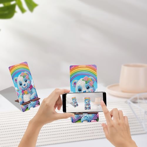 Image of Bear in Rainbow Diamond Painting Phone Stand with Mirror, DIY Wooden Diamond Art Desktop Holder, 2-in-1 Diamond Painting Tabletop Ornament - Phone Stand and Mirror for Home and Office