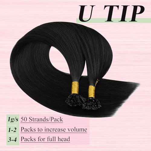 Image of YoungSee U tip Hair Extensions Black U Tip Hair Extensions Human Hair Jet Black 16 Inch Keratin Tip Extension Real Human Hair Silky Smooth Texture 1g /s 50s /50g for School