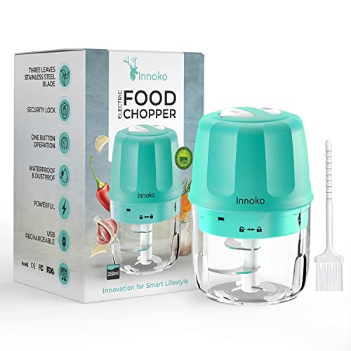 Innoko Rechargeable Electric Chopper for Onion Grinder, Powerful Chopper, Cordless Portable Meat Grinder with Stainless Steel Blade, Wireless Mini Portable Chopper with Cleaning Brush, 50 Watts,250Ml