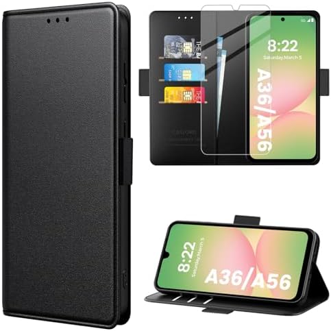 caslord Premium PU Leder Handyhülle für Samsung Galaxy A56/A36 | RFID-Blockierung Klapphülle | Mit 1 Stück Panzer Schutz Glas | Schwarz