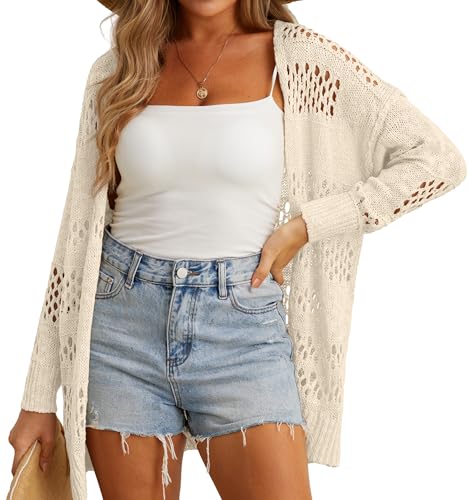GRECERELLE Crochet Cardigan for Women Summer Beach Cover Up Lightweight Hollowed Out Open Front Long Cardigans Ladies Sun Protection Beachwear (Beige, M)