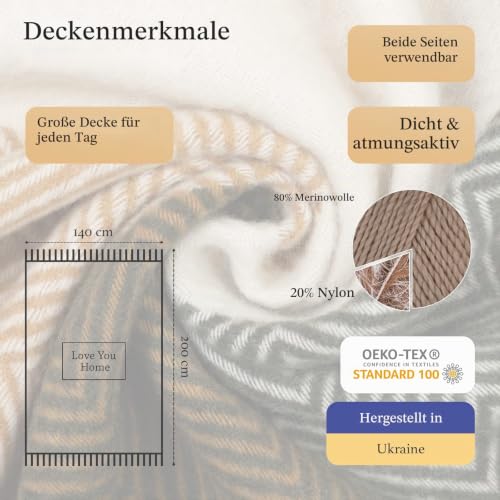 LYHome Wolldecke aus Merinowolle, Kuscheldecke für Sofa & Bett, 140x200 cm – Ansicht 2