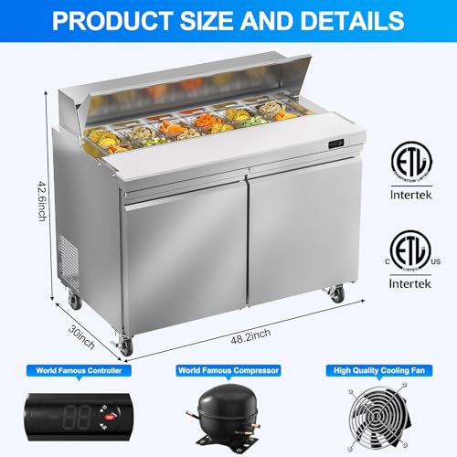 Image of Rockitch 48 inch W Commercial Sandwich Prep Table Refrigerator, 13.8 Cu.ft Stainless Steel Sandwich Prep Table with 12 Pans, 2 Doors Fan Cooling Salad Prep Station for Restaurant Food Prep, ETL Approved