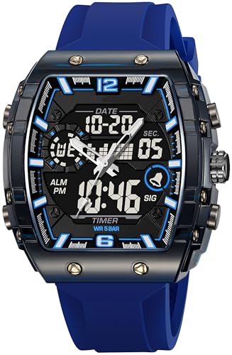 findtime Herren Uhren Tonneau Rechteckig Stylische Einzigartige Armbanduhr mit Alarm Stoppuhr Datum Kalender Analog Digitaluhr Bunte für Jungen Jugendliche