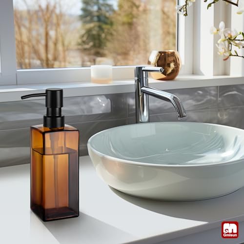 Image of GMISUN Amber Glass Soap Dispenser, Hand Soap Dispenser with Stainless Steel Pump for Bathroom, 12 fl oz /350ml Refillable Dish Dispensers for Kitchen, Modern Liquid Lotion Bottles for Countertop