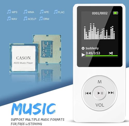 Image of Cason 16GB Mini MP3 Music Player with Bluetooth 5.4 & Voice Control Earphones, Video Playback,Pocket-Sized MP3 Player for Music,Voice Recording,FM Radio -Expanded Up to 128GB (White)
