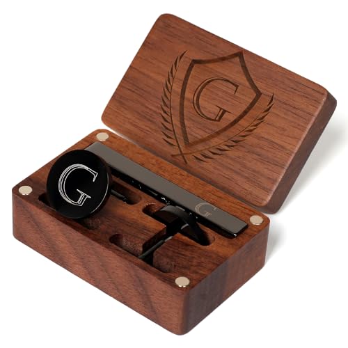 Image of Mens Initial Cufflinks and Tie Clip A-Z Alphabet Letter Black Stainless Cuff Links Tie Bar with Engraved Walnut Wood Box Groom Groomsman Wedding Set
