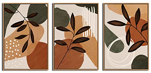 Framed Wall Art Canvas Set Mid Century Boho Pictures Abstract Leaf Prints Modern Geometric Wall Decor Minimalist Nature Brown Painting Artwork Living Room Bedroom Home Office 16"x24"x3 Natural