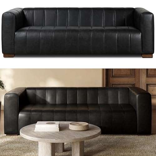 Image of Poly & Bark Canale 86 inch Sofa - Onyx Black Italian Leather, Channel-Tufted, Semi-Aniline Upholstery, Solid Wood Frame & Legs