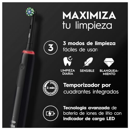 Descripción de los 3 modos de limpieza del cepillo Oral-B Pro 3, con enfoque en el temporizador integrado y la tecnología avanzada de batería