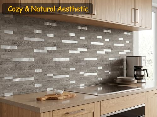 Yipscazo Peel and Stick Wood Metal Backsplash, Stick on Tiles for Backsplash Kitchen (Light Brown Wood, 20-Pack) by Yipscazo - Image 2