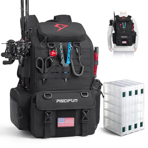 Piscifun 52L Fishing Tackle Backpack with Rod Holders & 4 Tackle Boxes Water-Resistant Large Tackle Bag for Fishing Gear Storage with Rain Cover Black